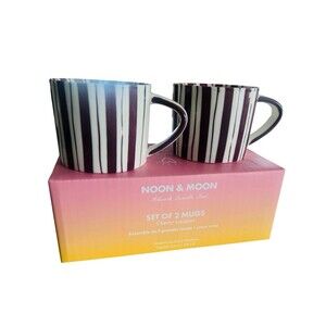 NEW Set Of 2 Noon & Moon Cherry Lacquer Red & Ivory Striped Ceramic Mugs Cups